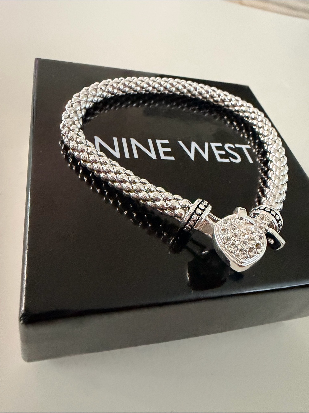Nine West Silver Crystal Heart Charm Bracelet